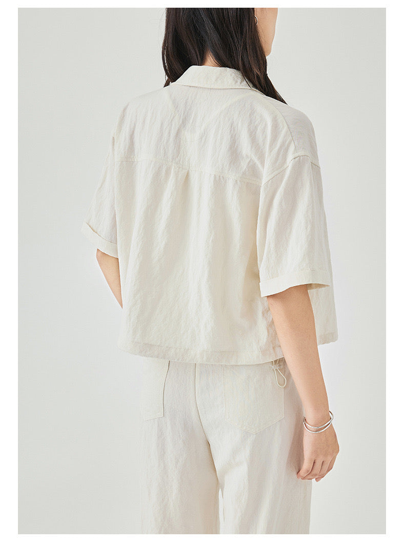 Women's Textured Cargo Overshirt + Pleated Textured Pants in Cream - Simply