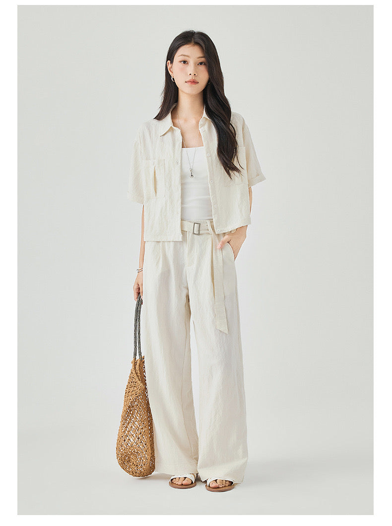 Women's Textured Cargo Overshirt + Pleated Textured Pants in Cream - Simply
