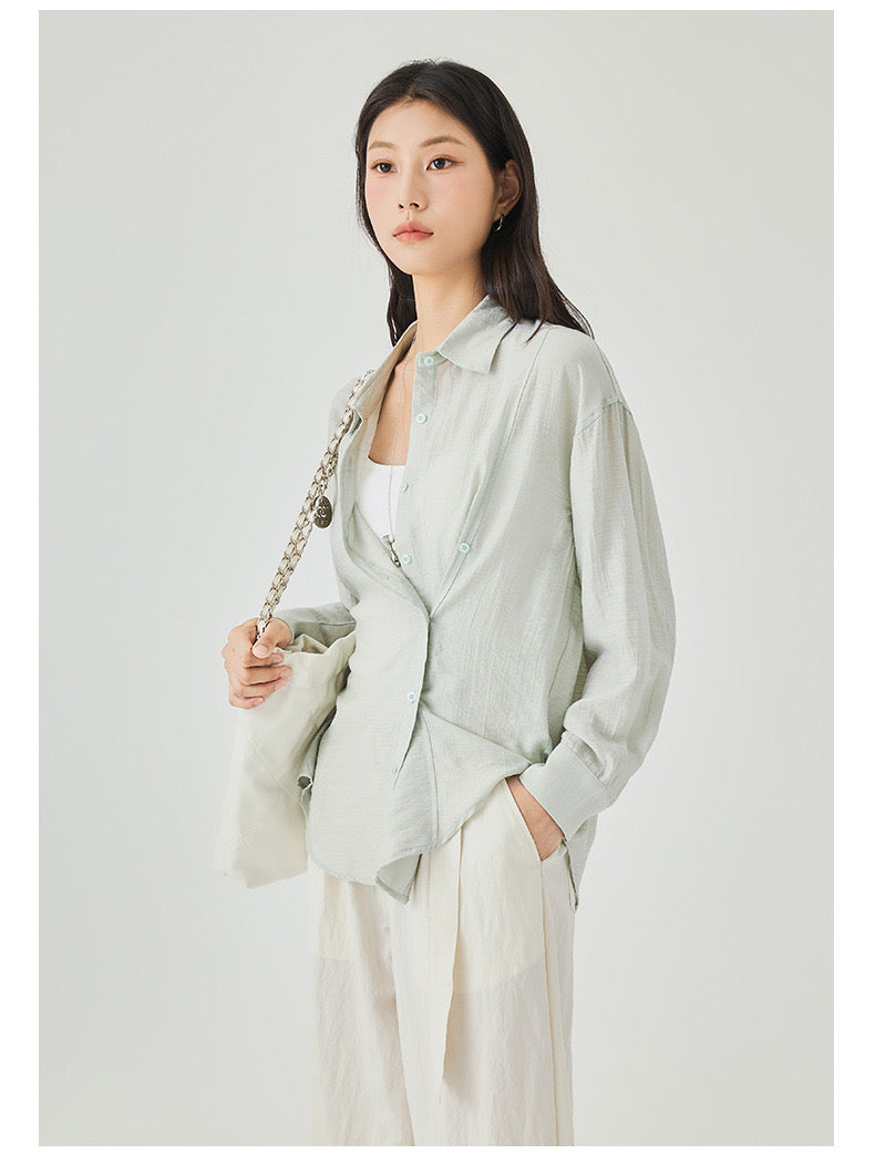 Women's Two Styled Linen Overshirt in Baby Green - Simply