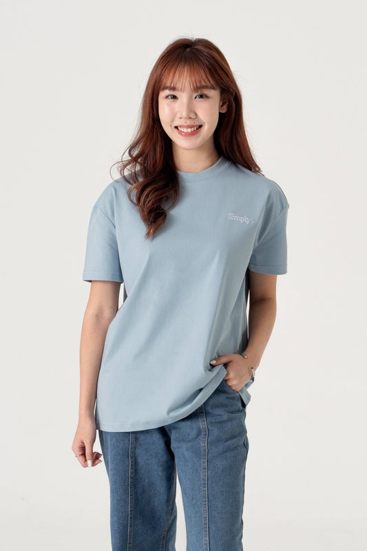 Simply. Unisex Embroided Oversize T in Mid Blue - Simply