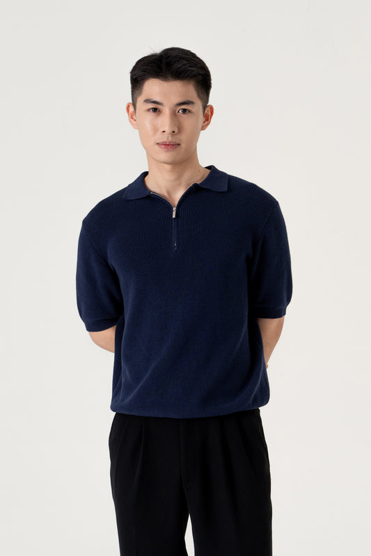 Men's Machine Washable Knitted Zipper Polo (Navy) - Simply