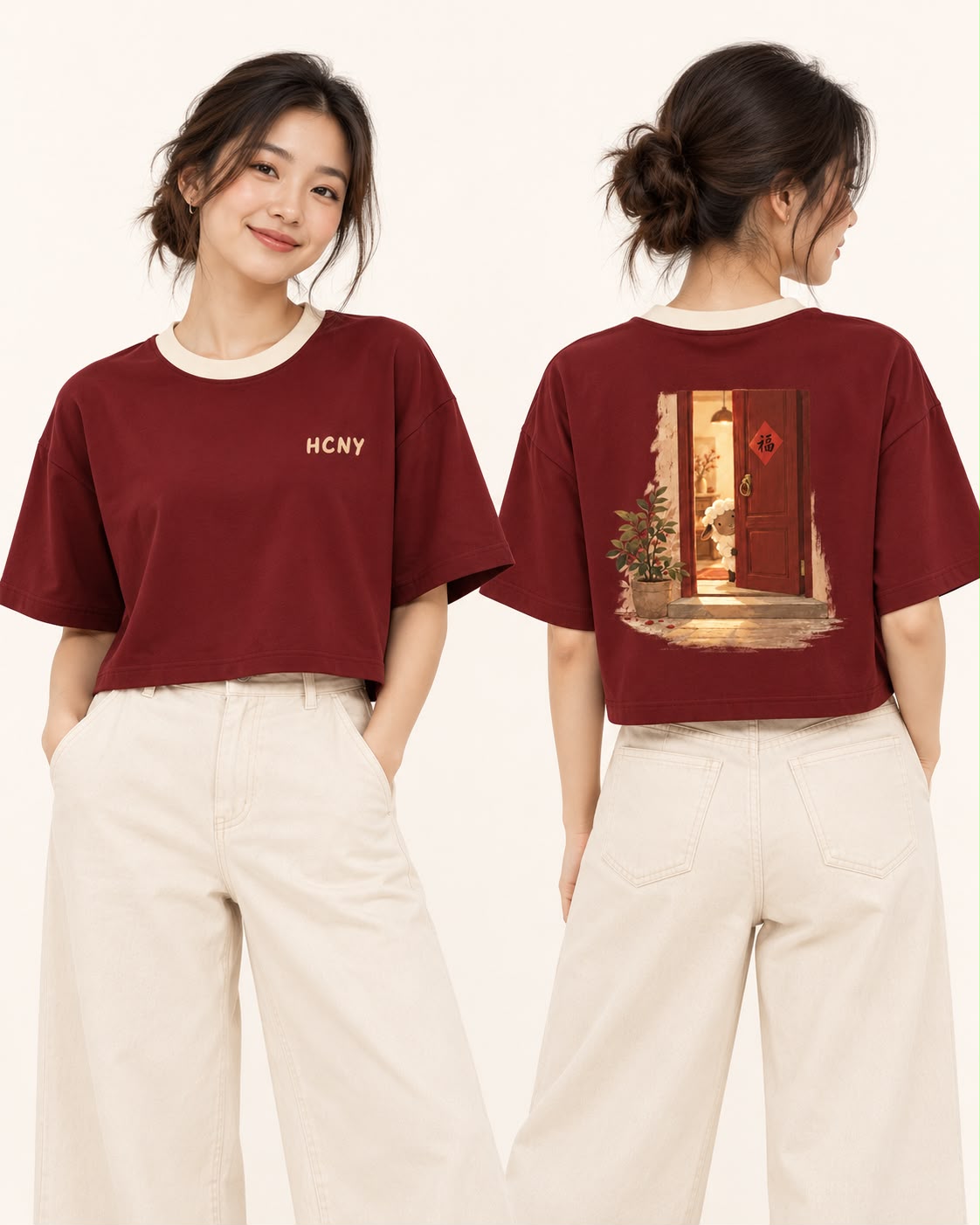Lucky Door cropped tee in maroon, front and back
