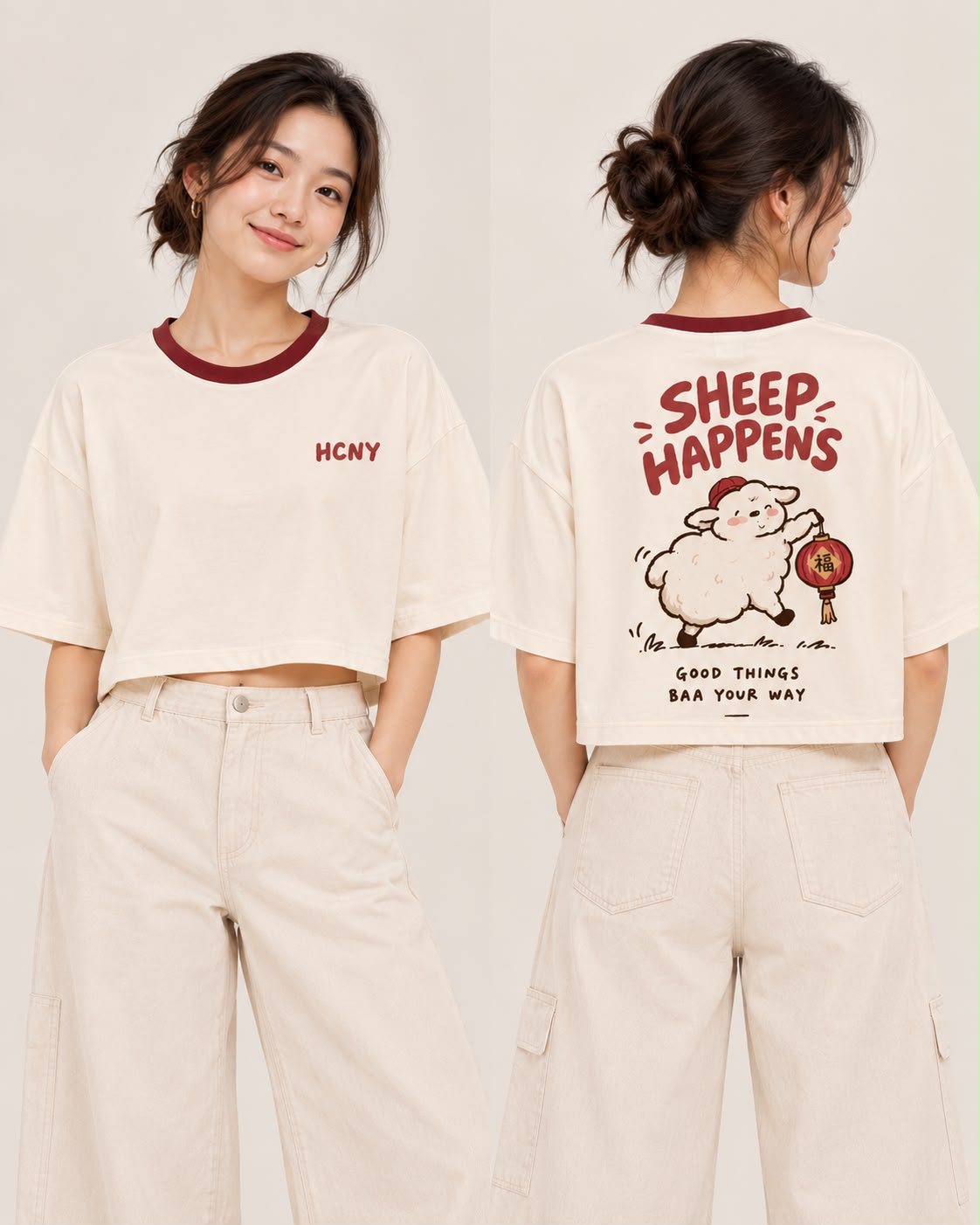 Sheep Happens cropped tee in cream, front and back
