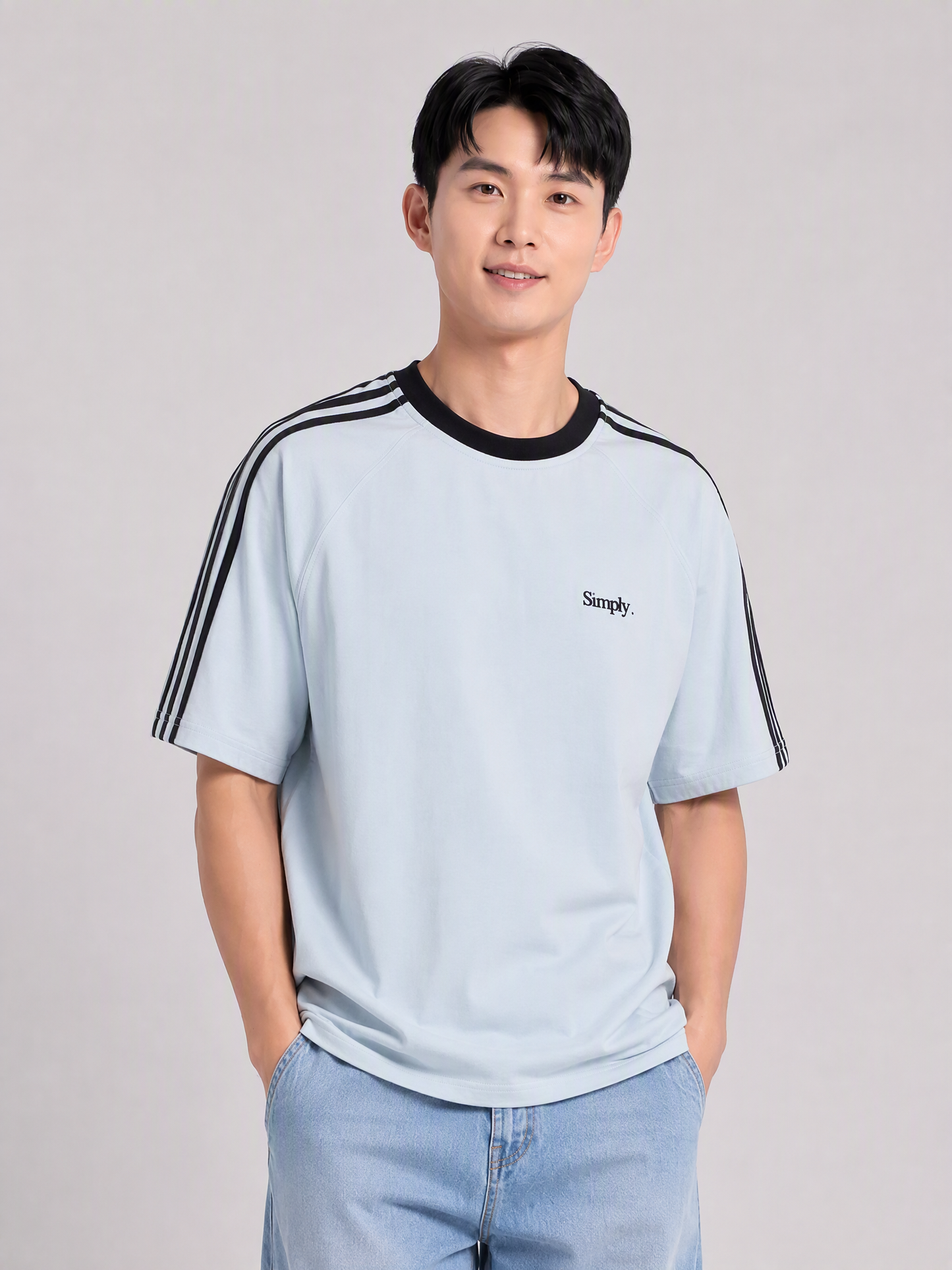 Simply. Unisex Shoulder Striped T in Light Blue