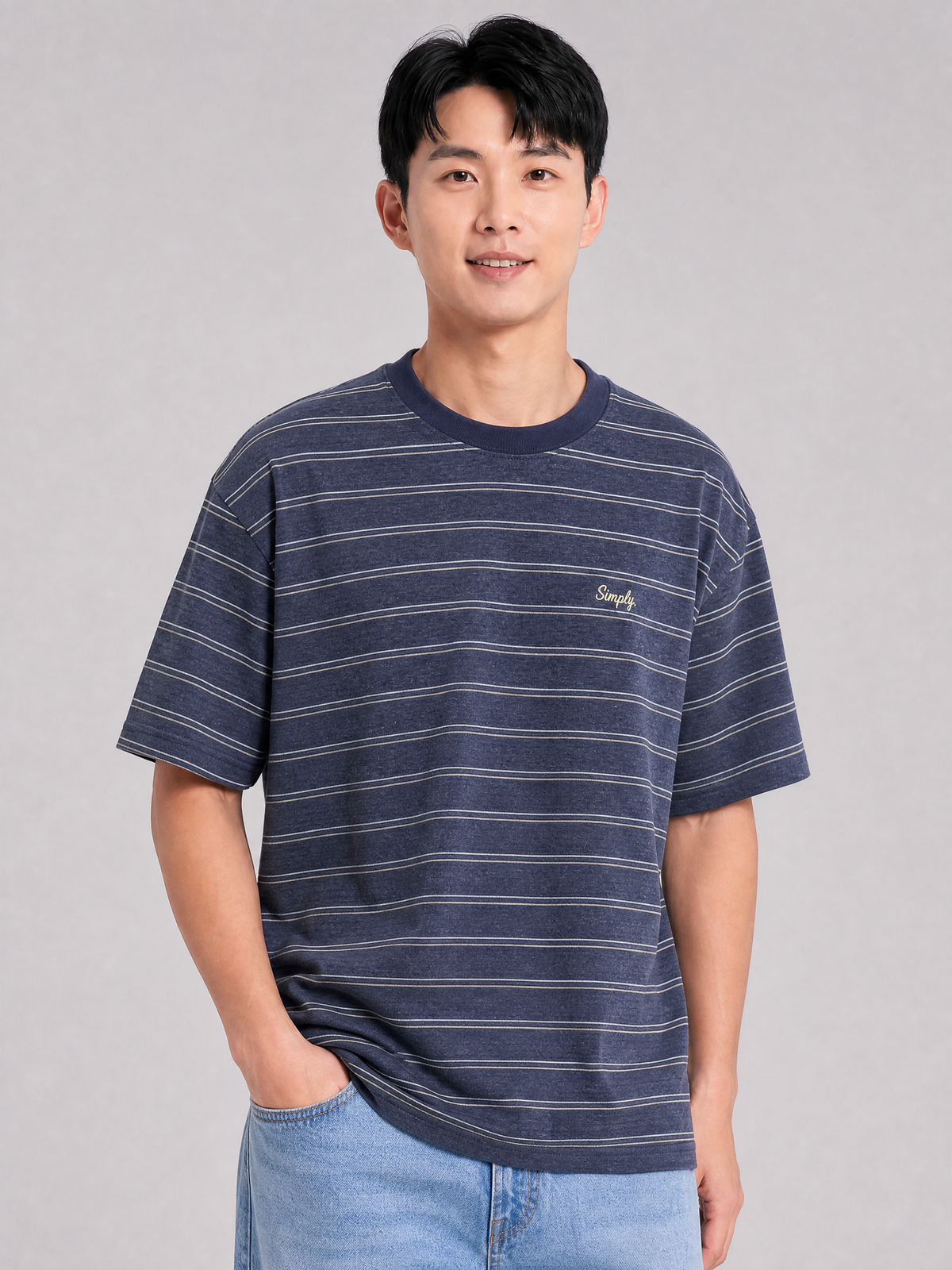 Simply. Unisex Oversize Embroidered Short Sleeve Stripe Tee (Ash Blue) [240gsm]