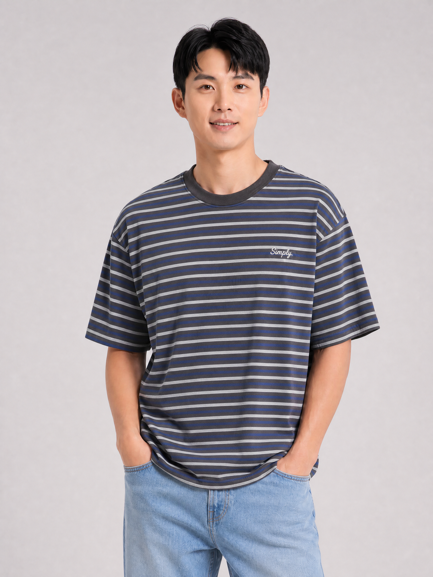 Simply. Unisex Oversize Embroidered Short Sleeve Stripe Tee (Grey) [240gsm]