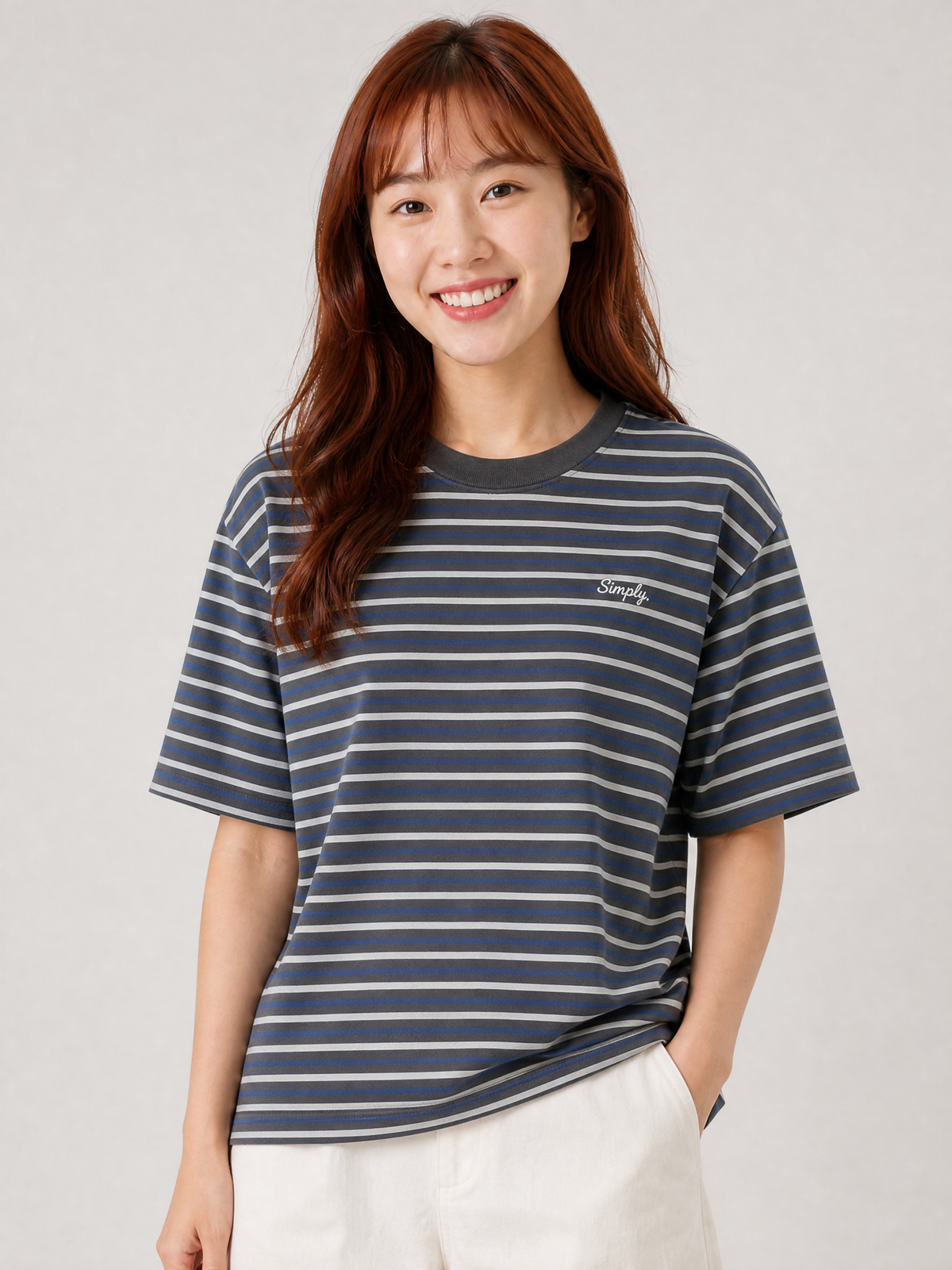 Simply. Unisex Oversize Embroidered Short Sleeve Stripe Tee (Grey) [240gsm]