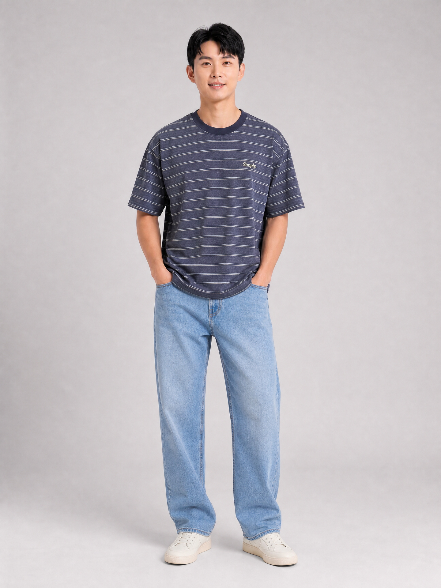 Simply. Unisex Oversize Embroidered Short Sleeve Stripe Tee (Ash Blue) [240gsm]