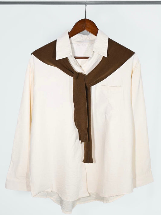 Women's Korean Styled Long Sleeve Shirt in Khaki (Comes in 2 Pieces) [Pre-Order ships in 1 week] - Simply 