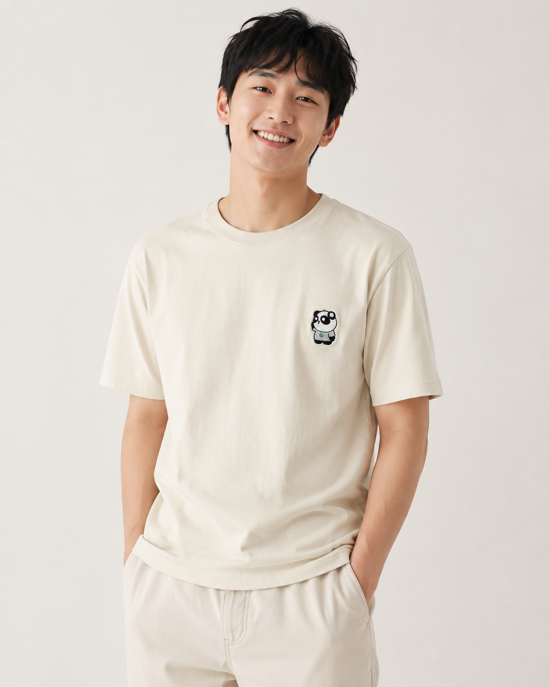 [CLEARANCE] Simply Unisex Embroidered Panda Thinking Tee (Beige) - Simply 