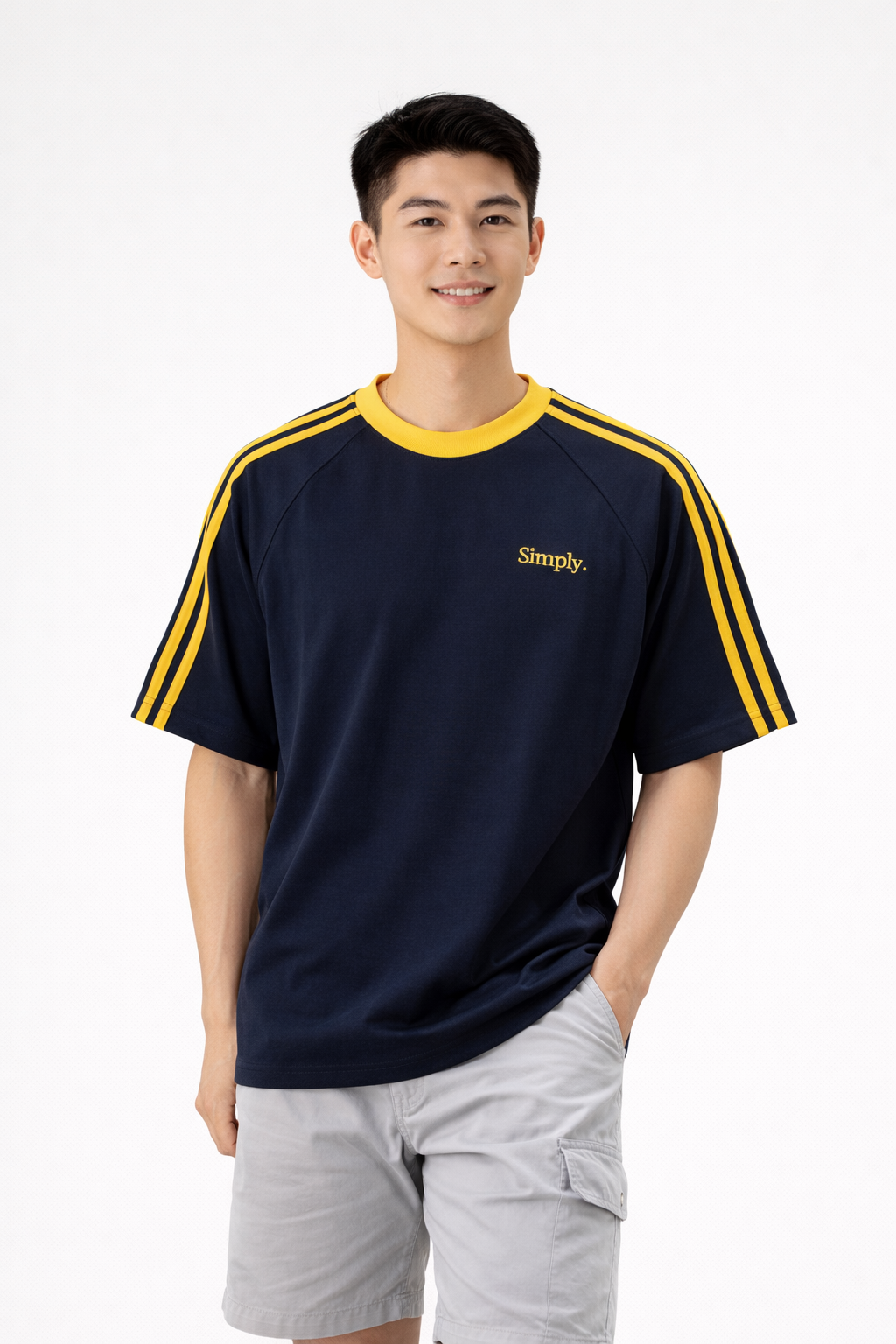 Simply. Unisex Shoulder Striped T in Navy and Grey - Simply 