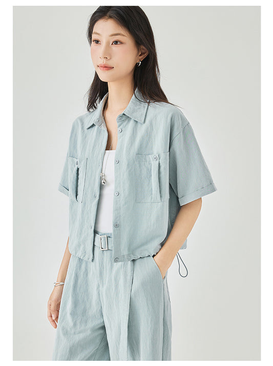 Women's Textured Cargo Overshirt + Pleated Textured Pants in Baby Blue - Simply 