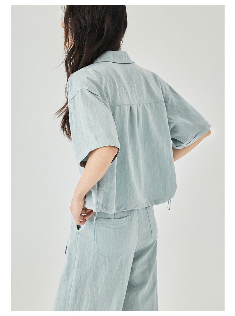Women's Textured Cargo Overshirt + Pleated Textured Pants in Baby Blue - Simply 