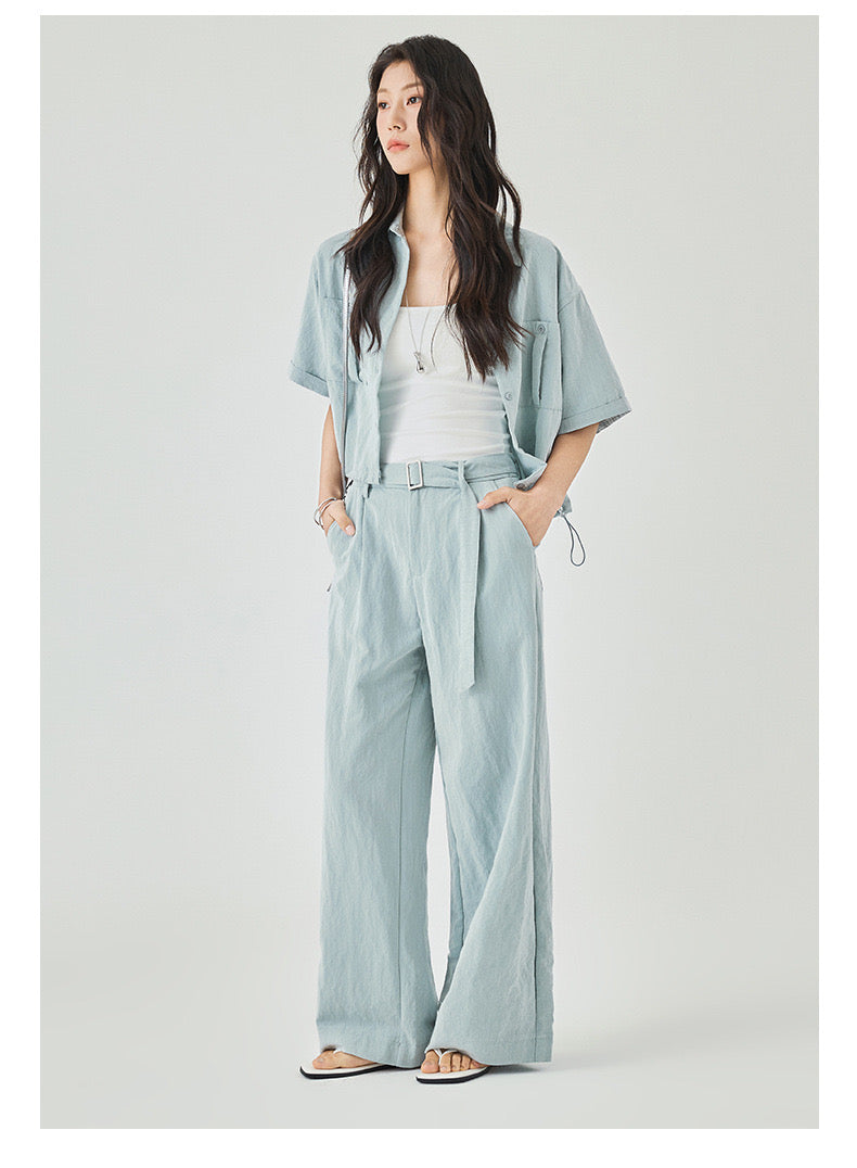 Women's Textured Cargo Overshirt + Pleated Textured Pants in Baby Blue - Simply 