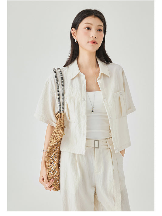 Women's Textured Cargo Overshirt + Pleated Textured Pants in Cream - Simply 
