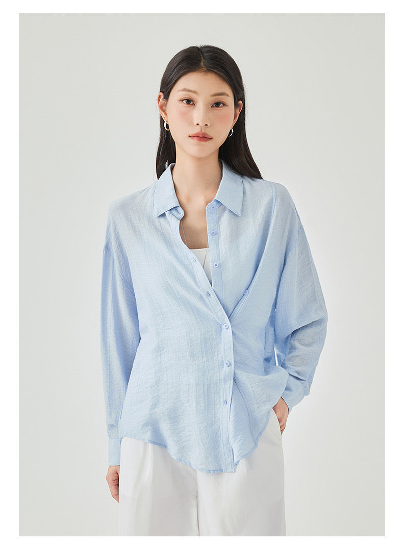 Women's Two Styled Linen Overshirt in Baby Blue - Simply 