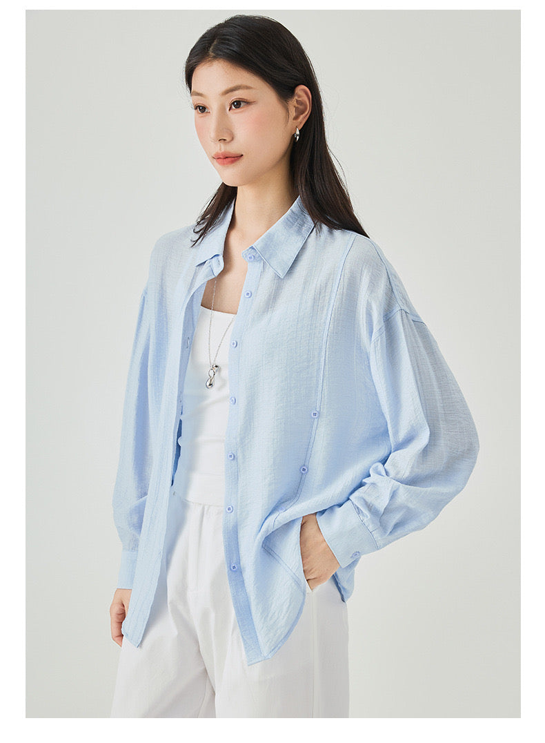 Women's Two Styled Linen Overshirt in Baby Blue - Simply 
