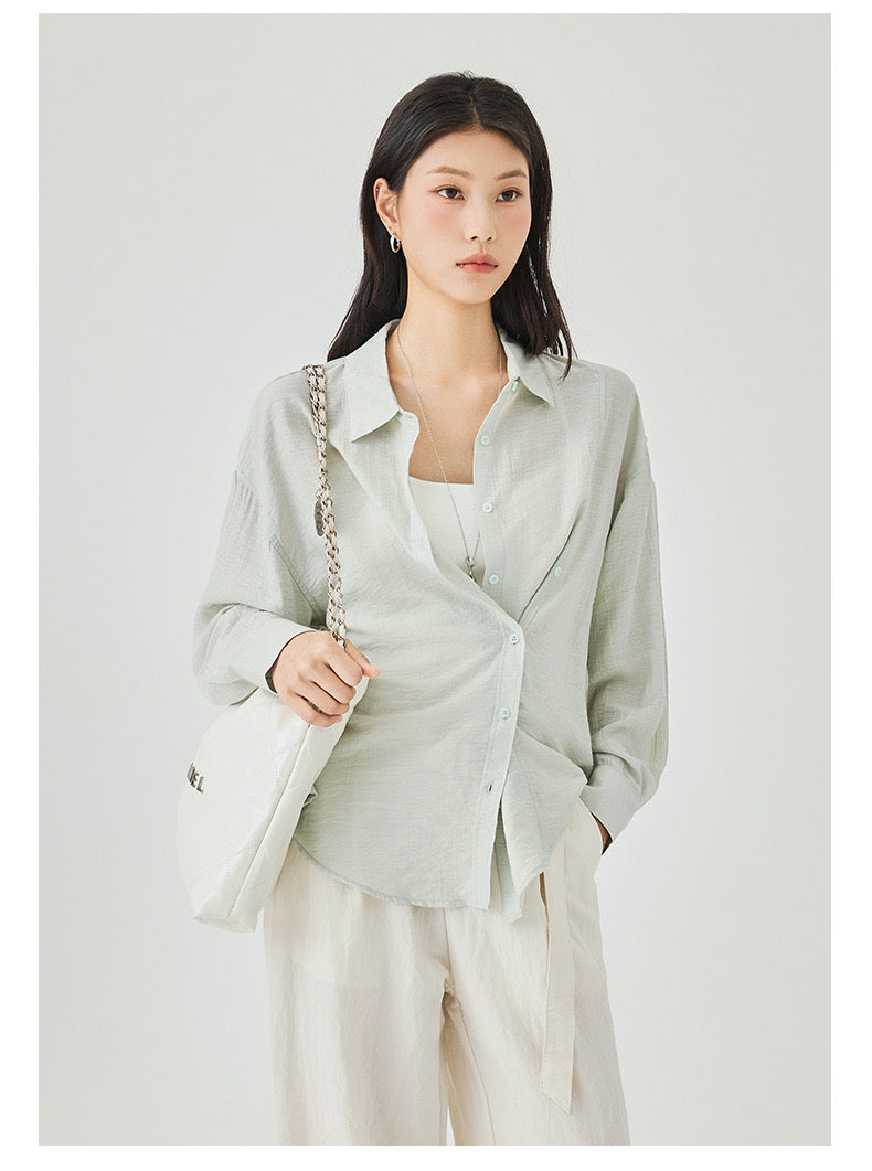 Women's Two Styled Linen Overshirt in Baby Green - Simply 