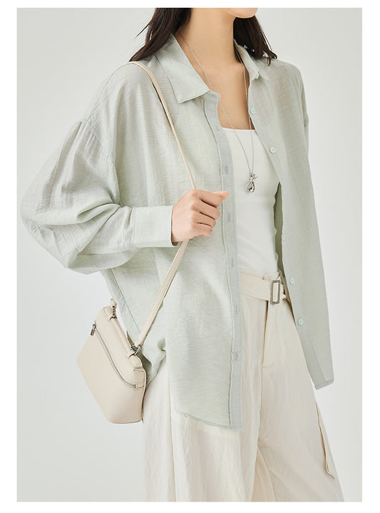 Women's Two Styled Linen Overshirt in Baby Green - Simply 