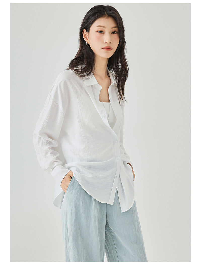 Women's Two Styled Linen Overshirt in White - Simply 