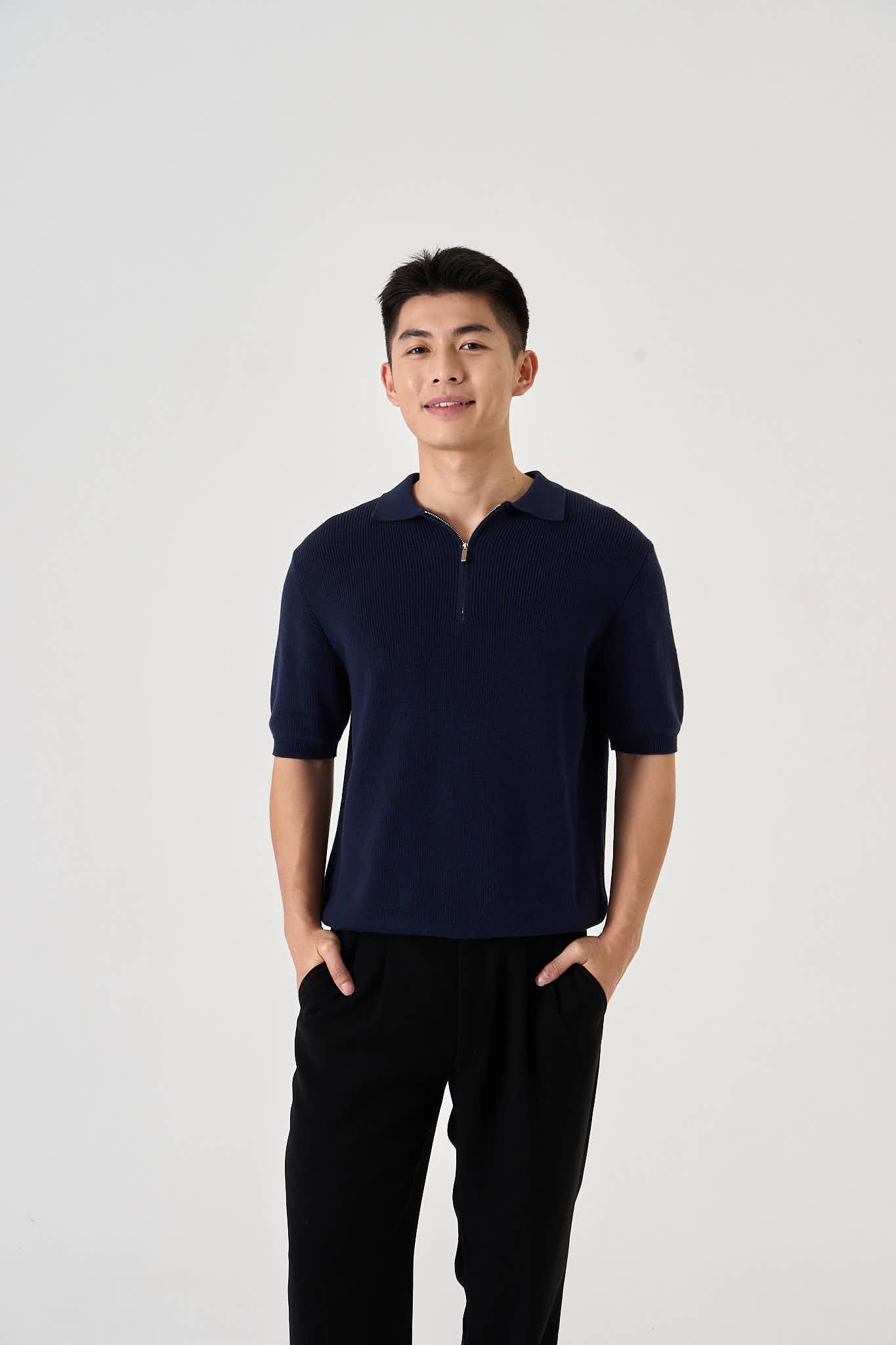 Men's Machine Washable Knitted Zipper Polo (Navy) - Simply 