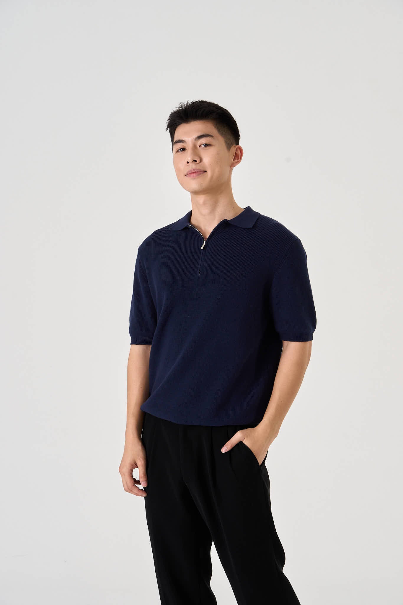 Men's Machine Washable Knitted Zipper Polo (Navy) - Simply 