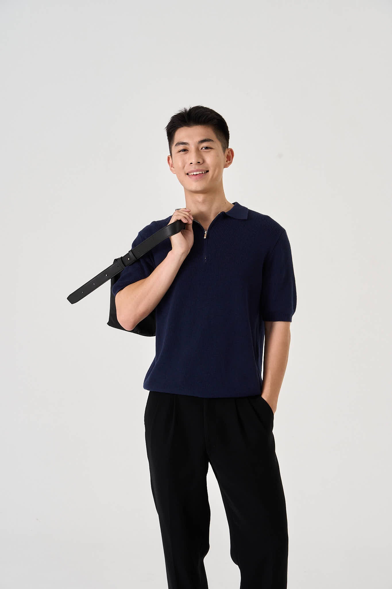 Men's Machine Washable Knitted Zipper Polo (Navy) - Simply 