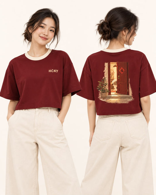 Lucky Door cropped tee in maroon, front and back