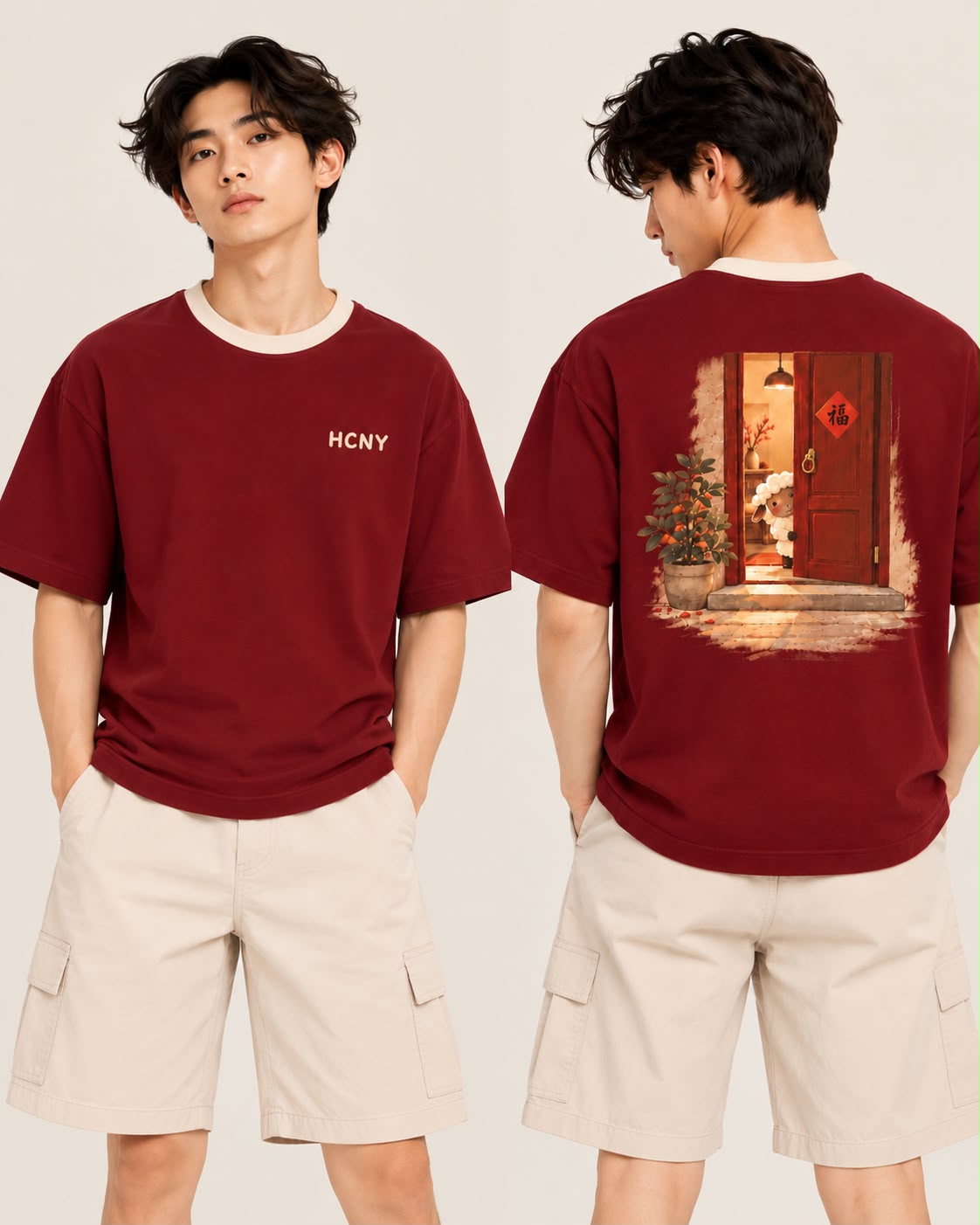 Lucky Door oversized tee in maroon, front and back