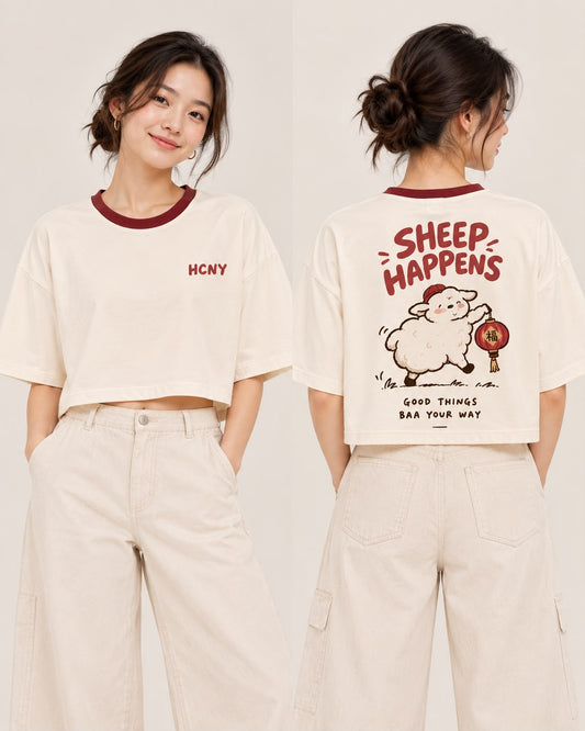 Sheep Happens cropped tee in cream, front and back