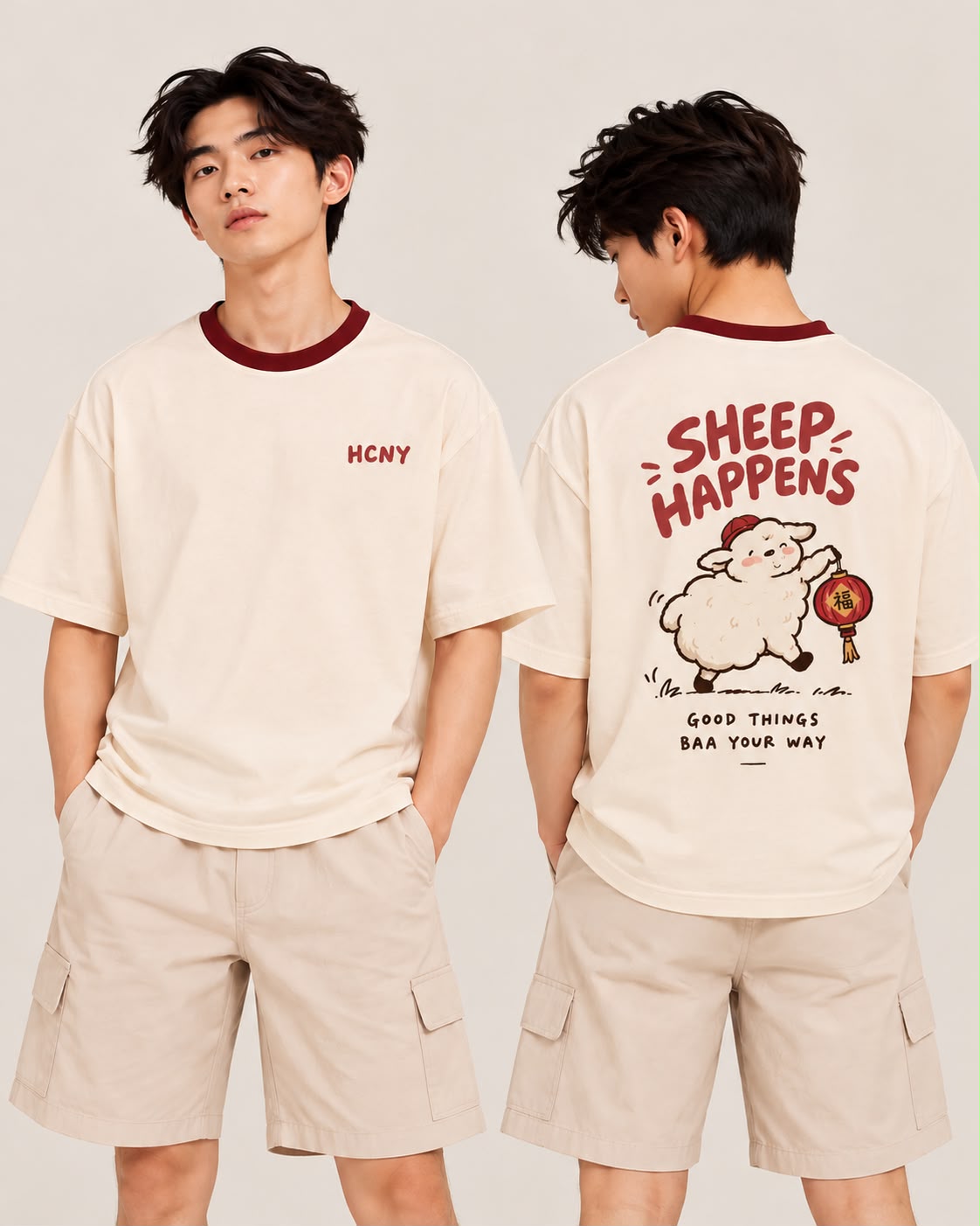 Sheep Happens oversized tee in cream, front and back