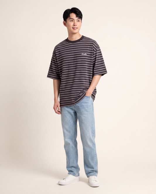 Simply. Unisex Oversize Embroidered Short Sleeve Stripe Tee (Grey) [240gsm]