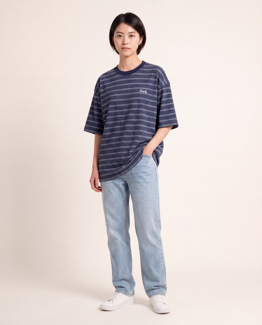 Simply. Unisex Oversize Embroidered Short Sleeve Stripe Tee (Ash Blue) [240gsm]