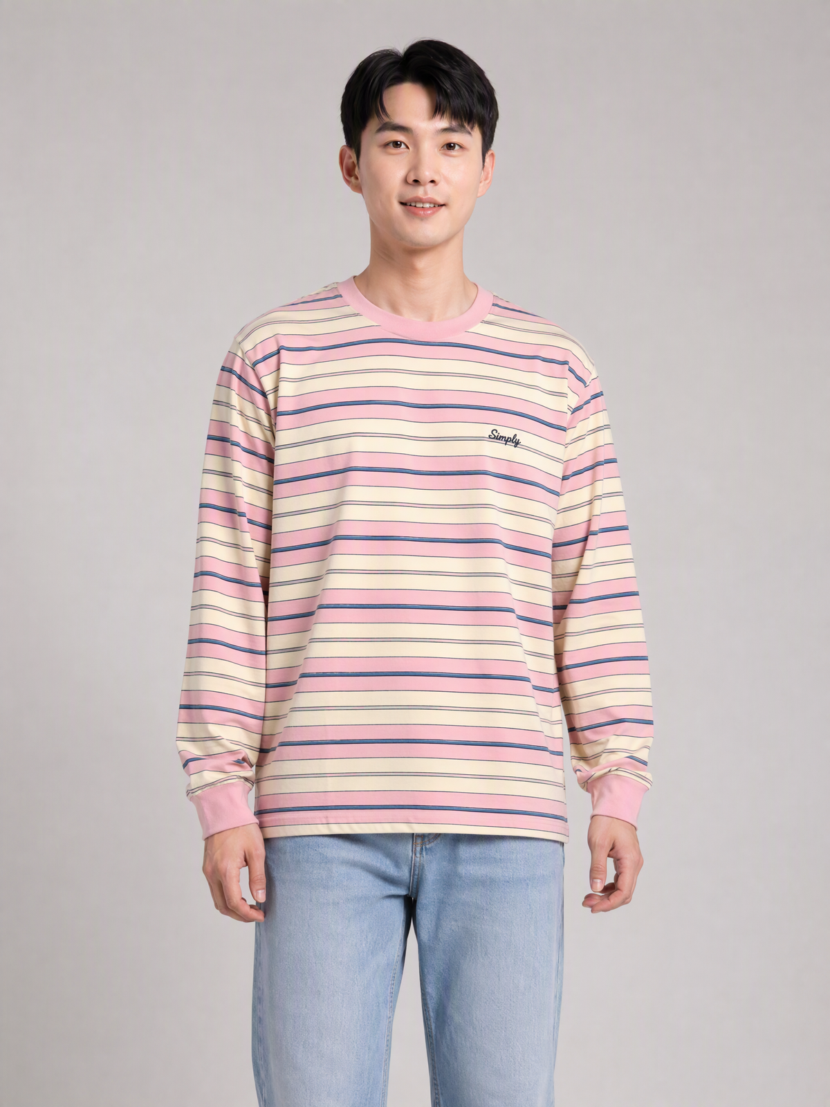 Simply. Unisex Oversize Embroidered Long Sleeve Stripe Tee (Pink) [280gsm] - Simply 