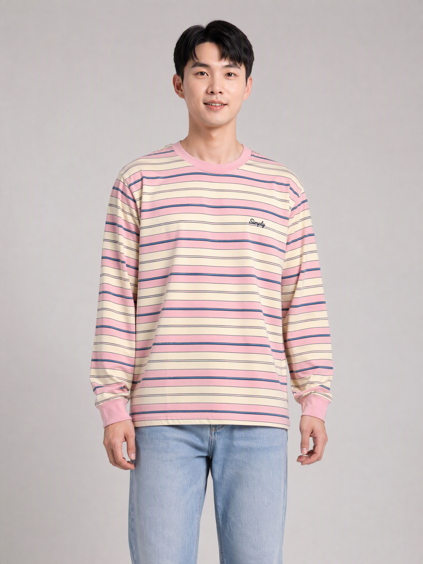Simply. Unisex Oversize Embroidered Long Sleeve Stripe Tee (Pink) [280gsm] - Simply 