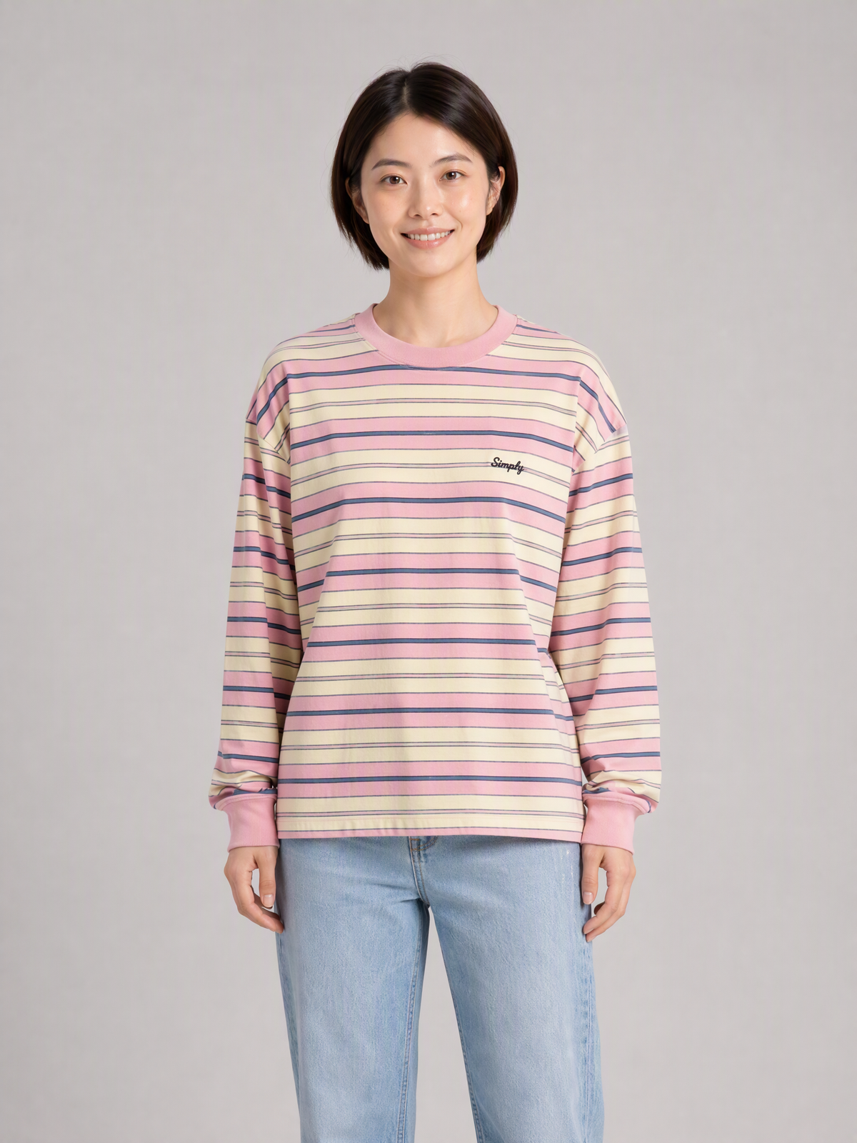 Simply. Unisex Oversize Embroidered Long Sleeve Stripe Tee (Pink) [280gsm] - Simply 