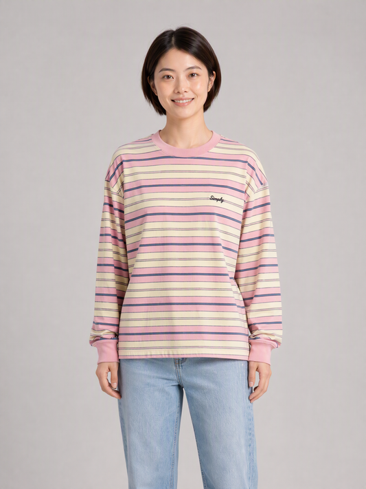 Simply. Unisex Oversize Embroidered Long Sleeve Stripe Tee (Pink) [280gsm] - Simply 