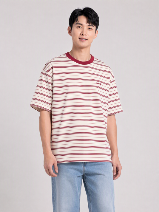 Simply. Unisex Oversize Embroidered Short Sleeve Stripe Tee (Red) [240gsm] - Simply 