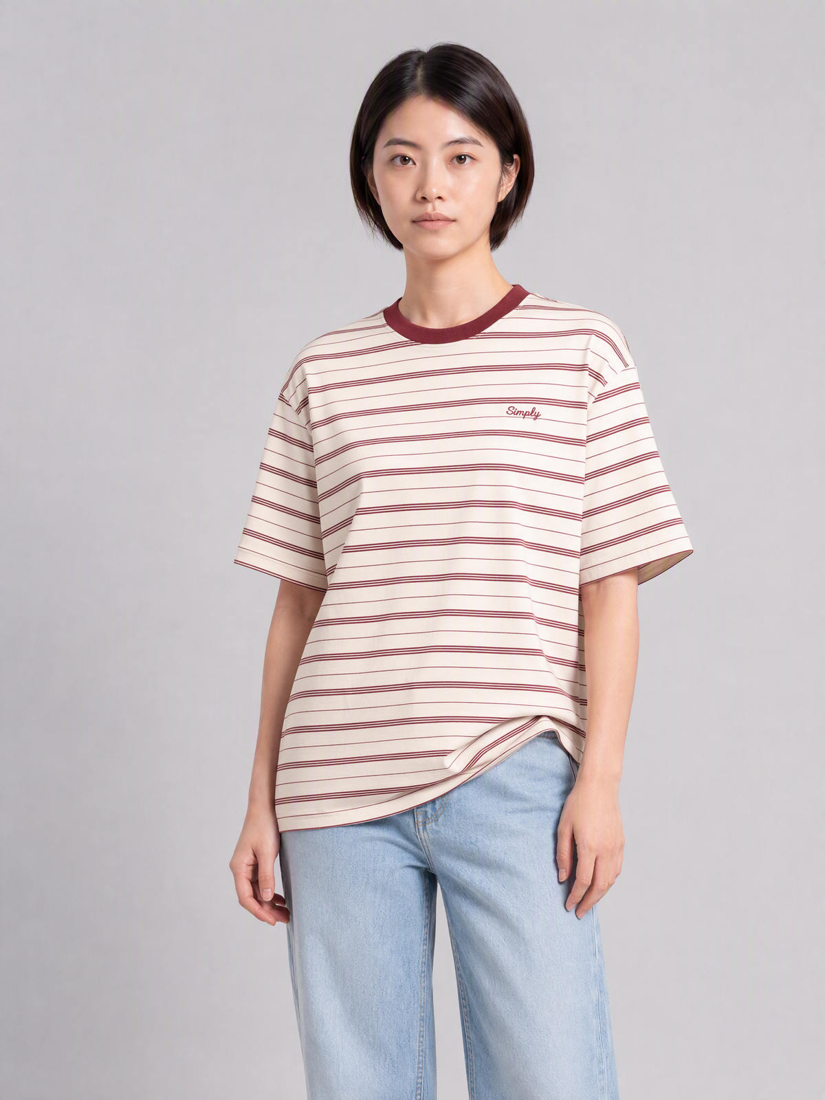 Simply. Unisex Oversize Embroidered Short Sleeve Stripe Tee (Red) [240gsm] - Simply 