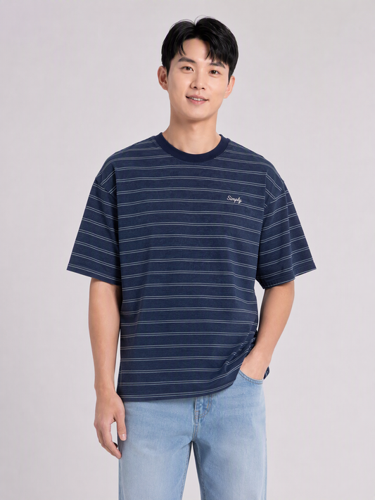 Simply. Unisex Oversize Embroidered Short Sleeve Stripe Tee (Ash Blue) [240gsm]