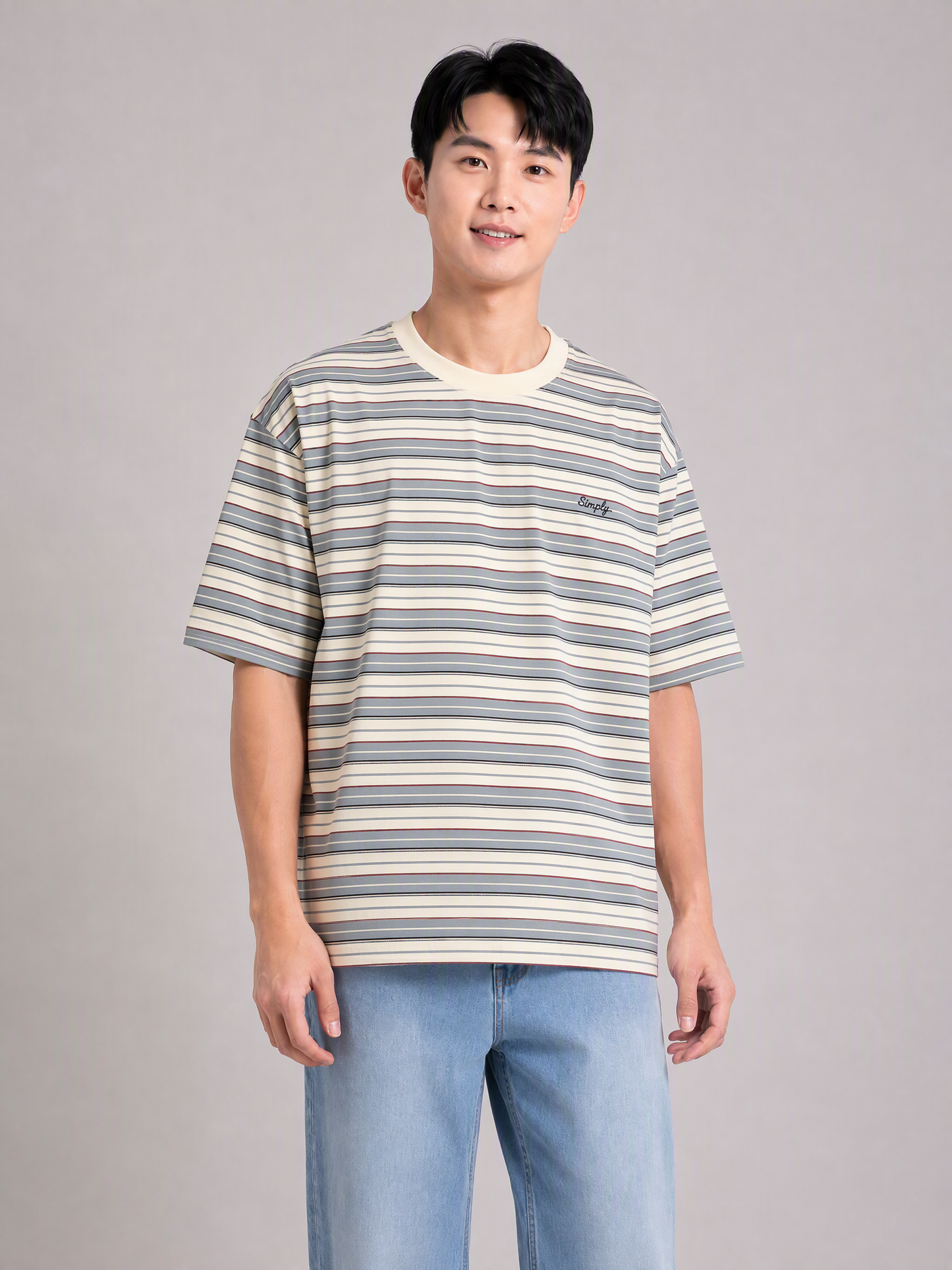 Simply. Unisex Oversize Embroidered Short Sleeve Stripe Tee (Cream) [240gsm]