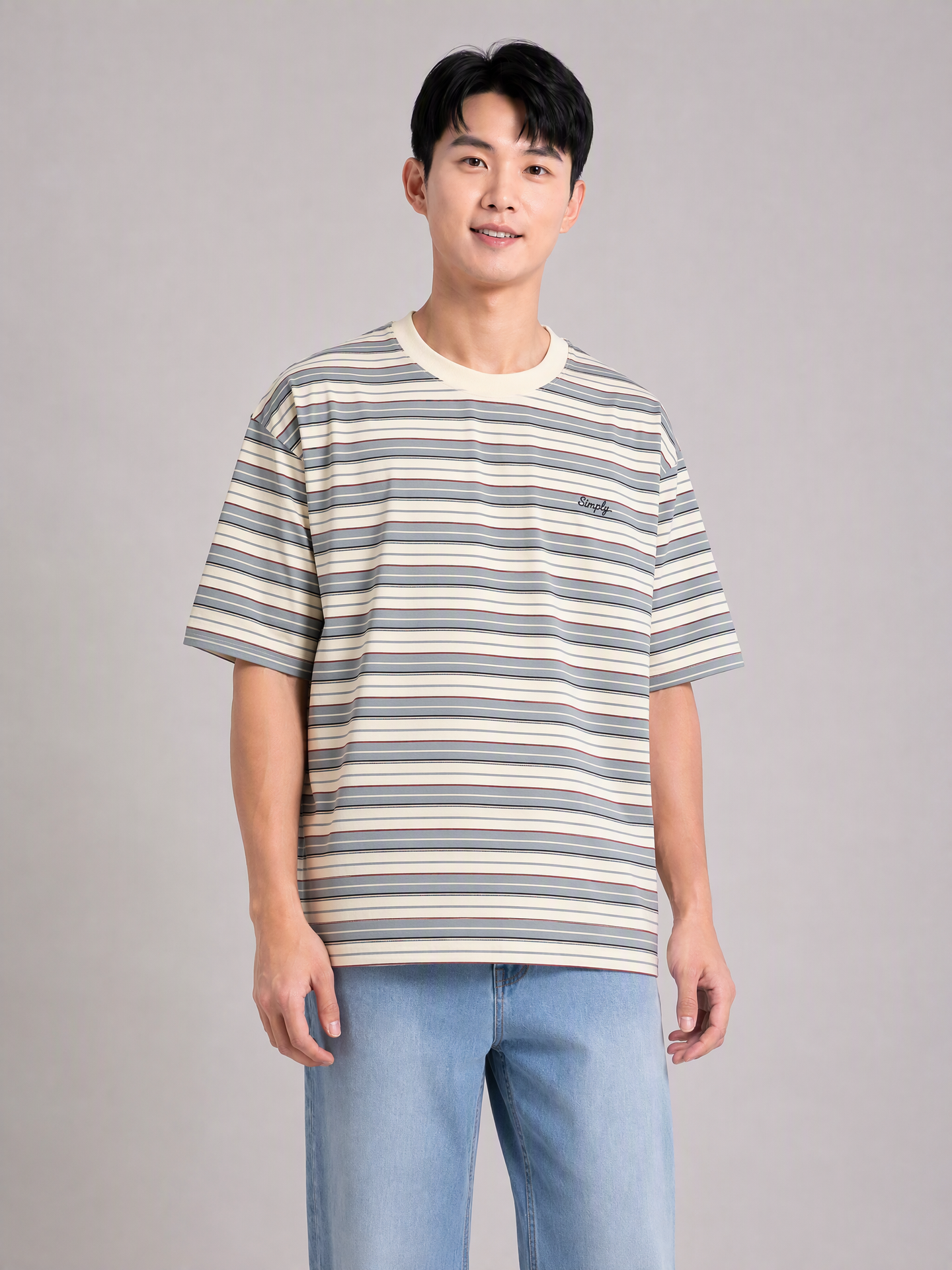Simply. Unisex Oversize Embroidered Short Sleeve Stripe Tee (Cream) [240gsm]