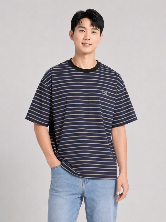 Simply. Unisex Oversize Embroidered Short Sleeve Vintage Stripe Tee (Grey) [240gsm] - Simply 