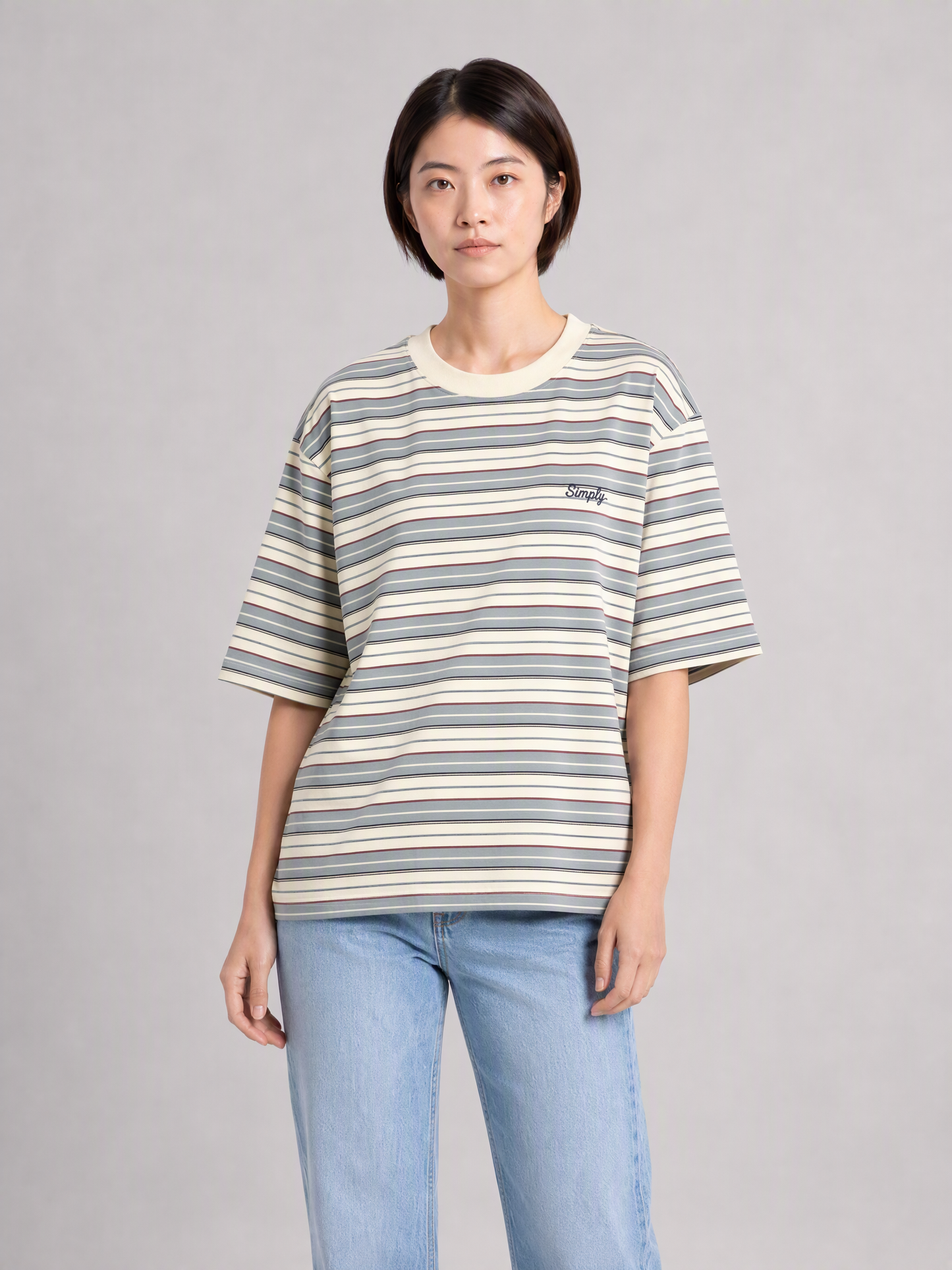 Simply. Unisex Oversize Embroidered Short Sleeve Stripe Tee (Cream) [240gsm]