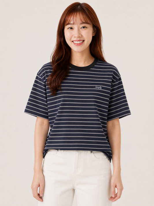 Simply. Unisex Oversize Embroidered Short Sleeve Stripe Tee (Grey) [240gsm]