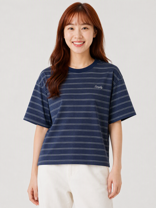 Simply. Unisex Oversize Embroidered Short Sleeve Vintage Stripe Tee (Ash Blue) [240gsm] - Simply 