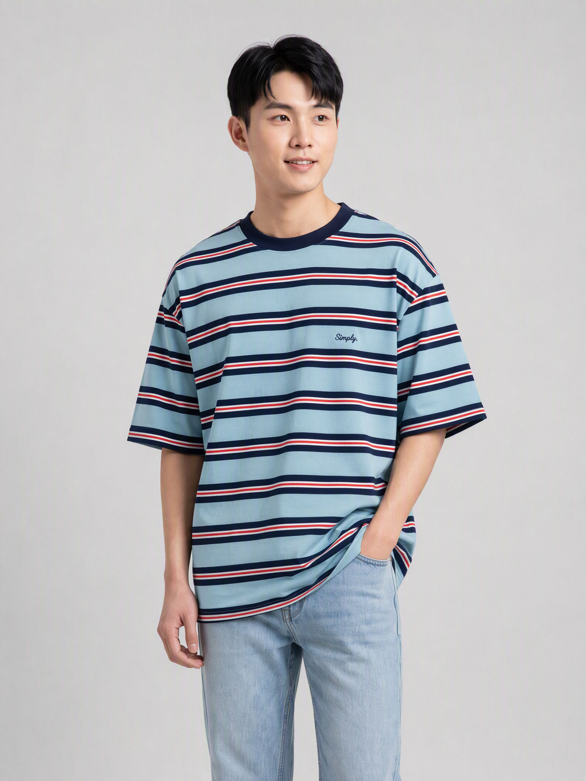 Simply. Unisex Oversize Embroidered Short Sleeve Stripe Tee (Blue) [240gsm] - Simply 