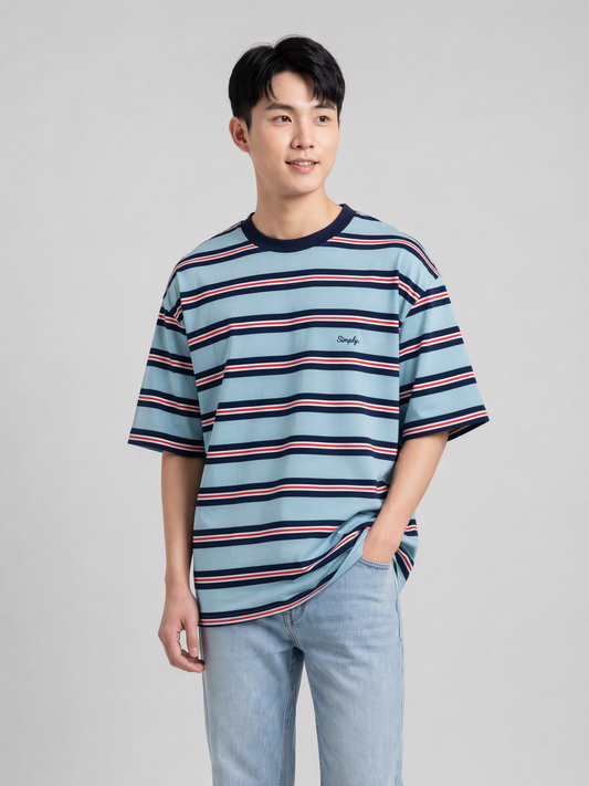 Simply. Unisex Oversize Embroidered Short Sleeve Stripe Tee (Blue) [240gsm] - Simply 