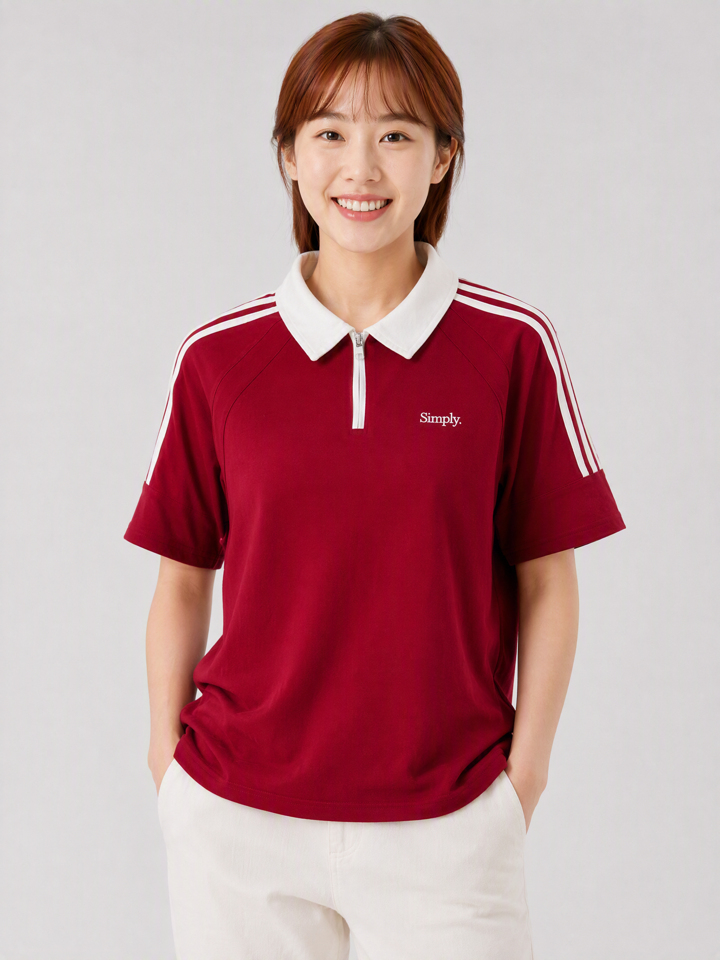Simply. Unisex Shoulder Striped Zipper Polo in Red