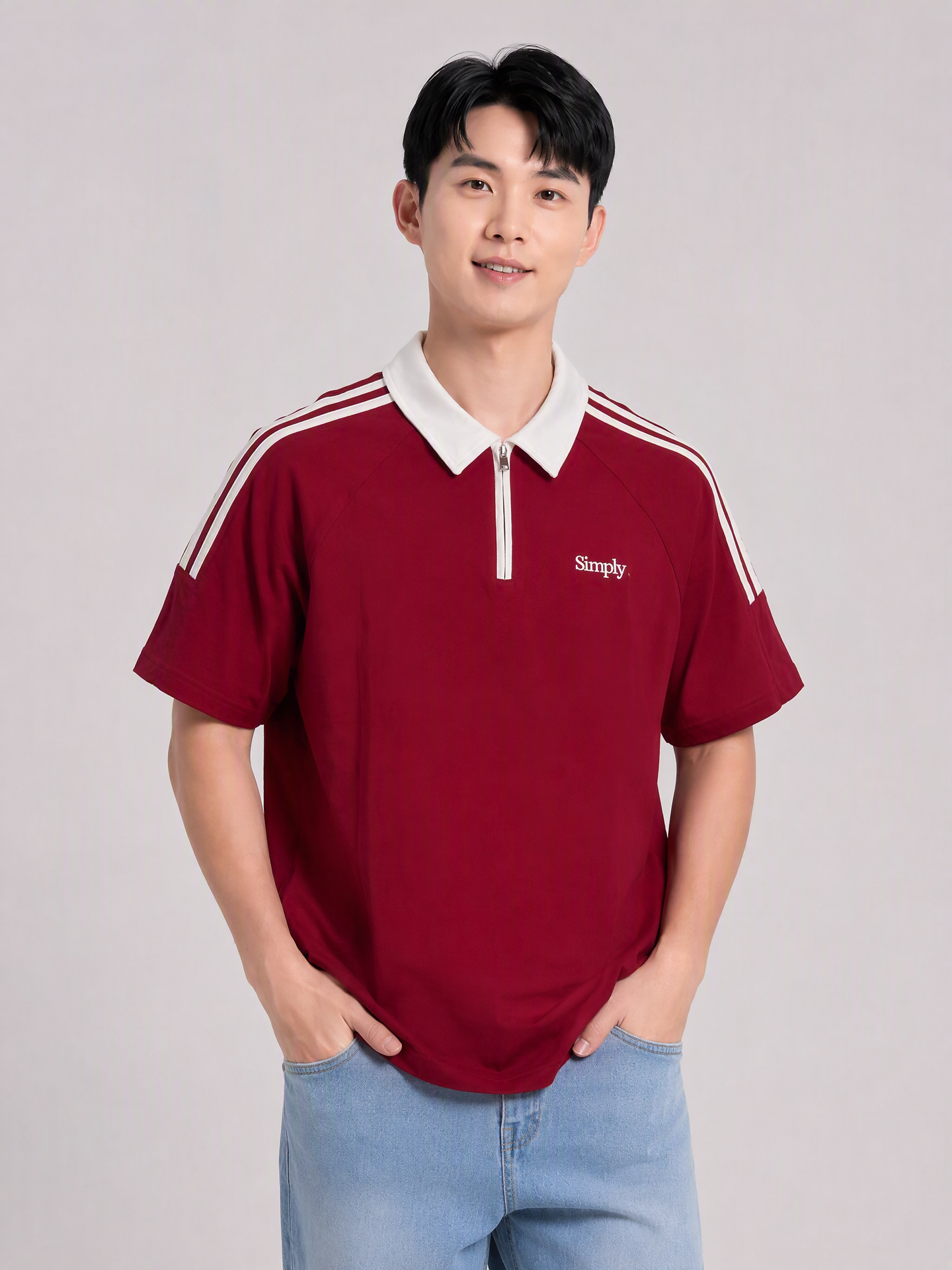 Simply. Unisex Shoulder Striped Zipper Polo in Red